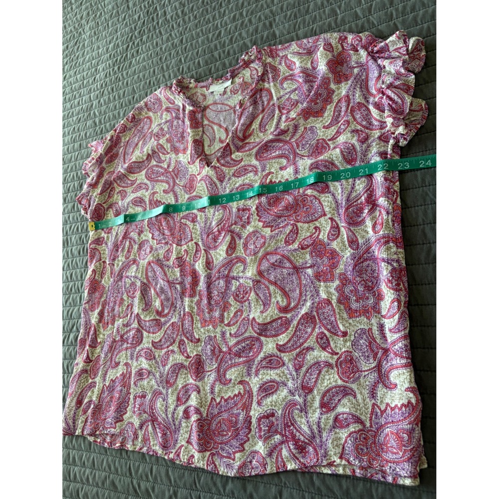 J. Jill Pink Purple Paisley Ruffle Neck Flutter Sleeve Blouse Top Womens Medium - Picture 6 of 7